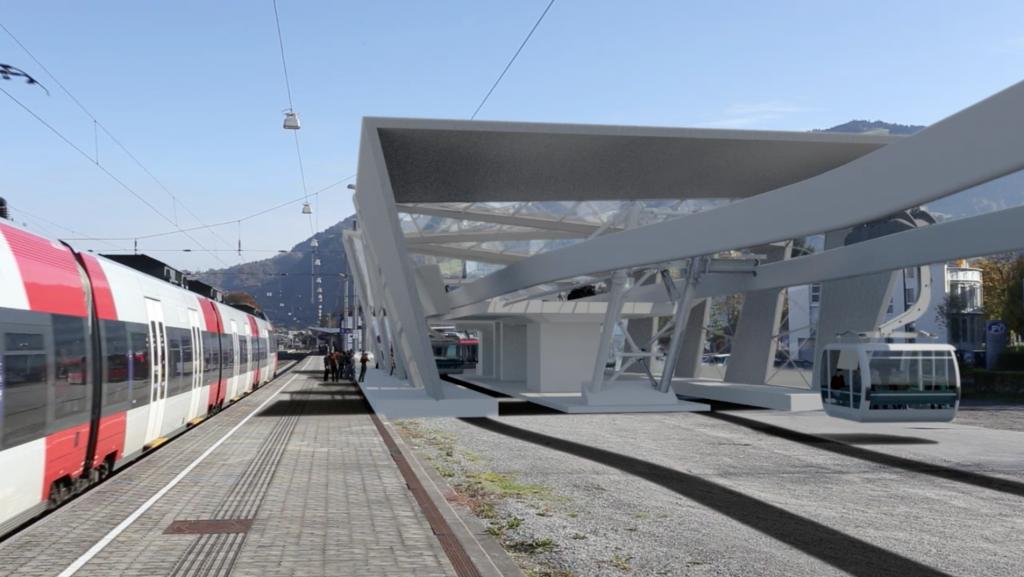 Die Wälderbahn soll direkt neben dem Bahnsteig 1 am Bahnhof Dornbirn starten und die Stadt mit dem Bregenzerwald verbinden (Fotomontage). © www.waelderbahn.at