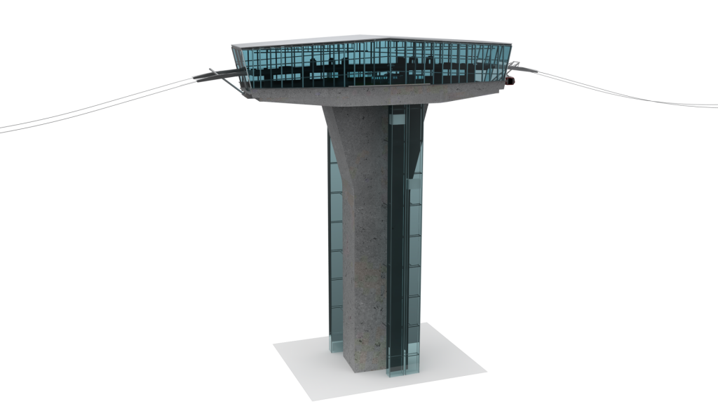 So könnten die über 100 Meter hohen Stationen der Linzer Seilbahn aussehen: Die Bahnsteige werden über Aufzüge erreicht. © BauCon ZT GmbH